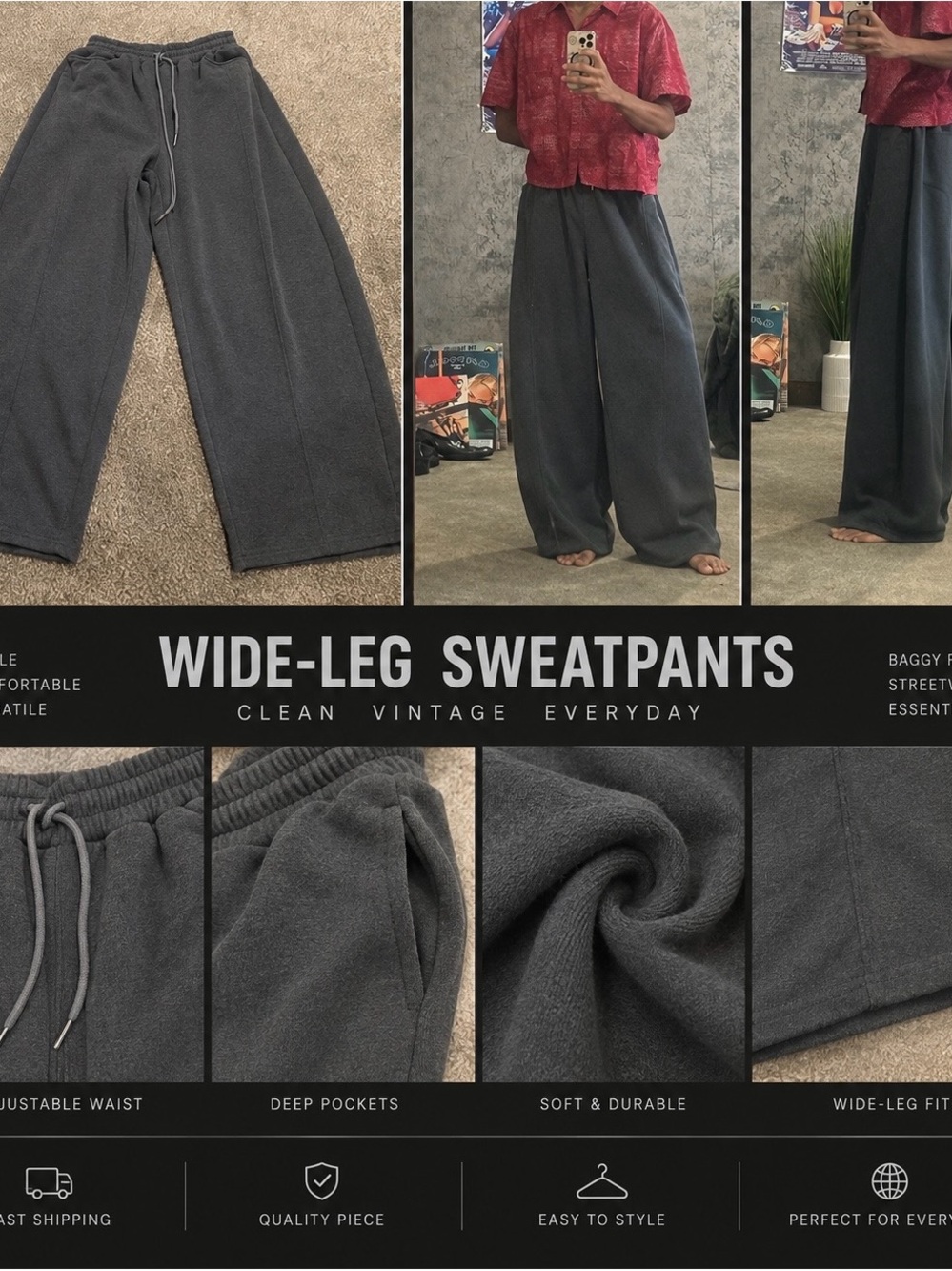 Wide-Leg Kids Sweatpants - Charcoal Gray